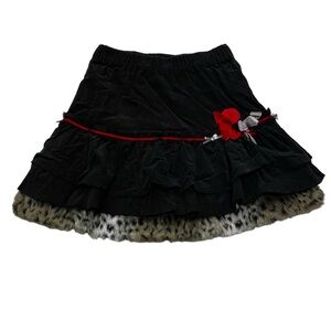 Deux par Deux Black Corduroy Skirt with Red and Silver Details Faux Fur Trim
